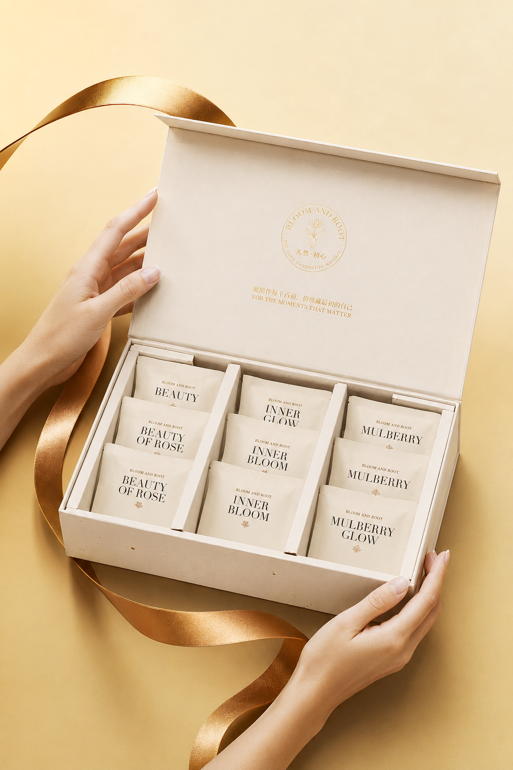Bloom and Root finished gift box collection, open box showing labeled wellness tea sachets