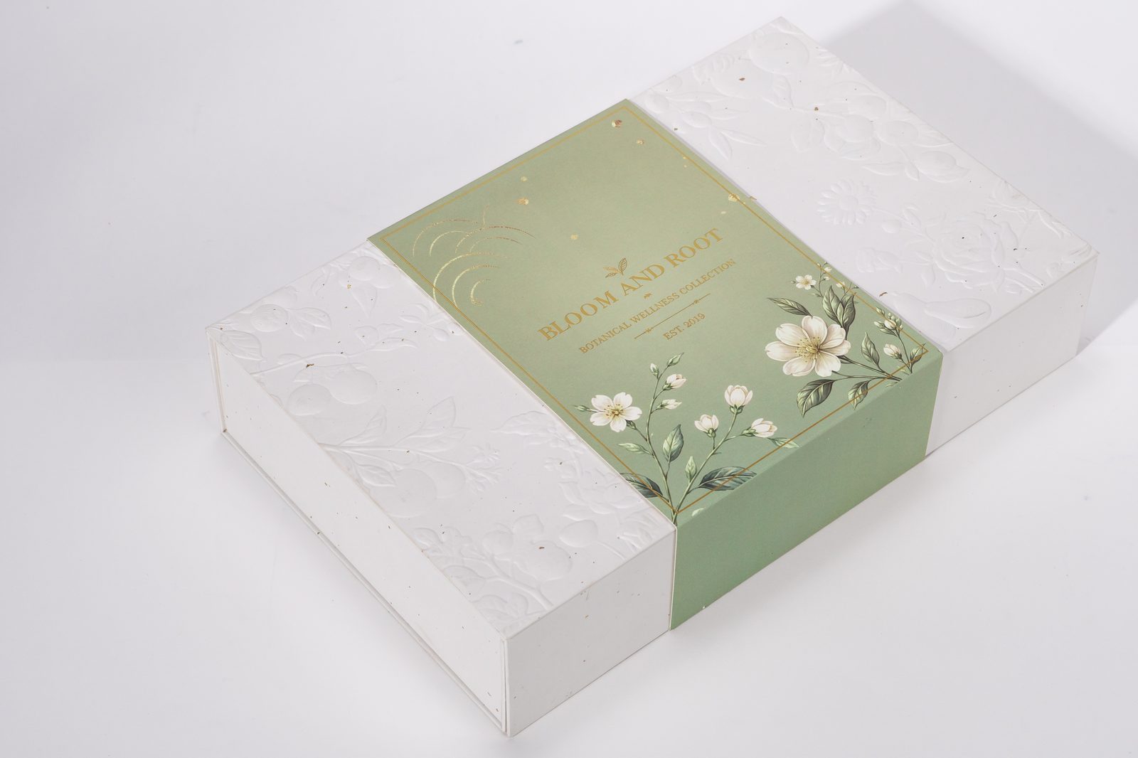 Bloom and Root everyday wellness collection box, green floral design, straight-on view