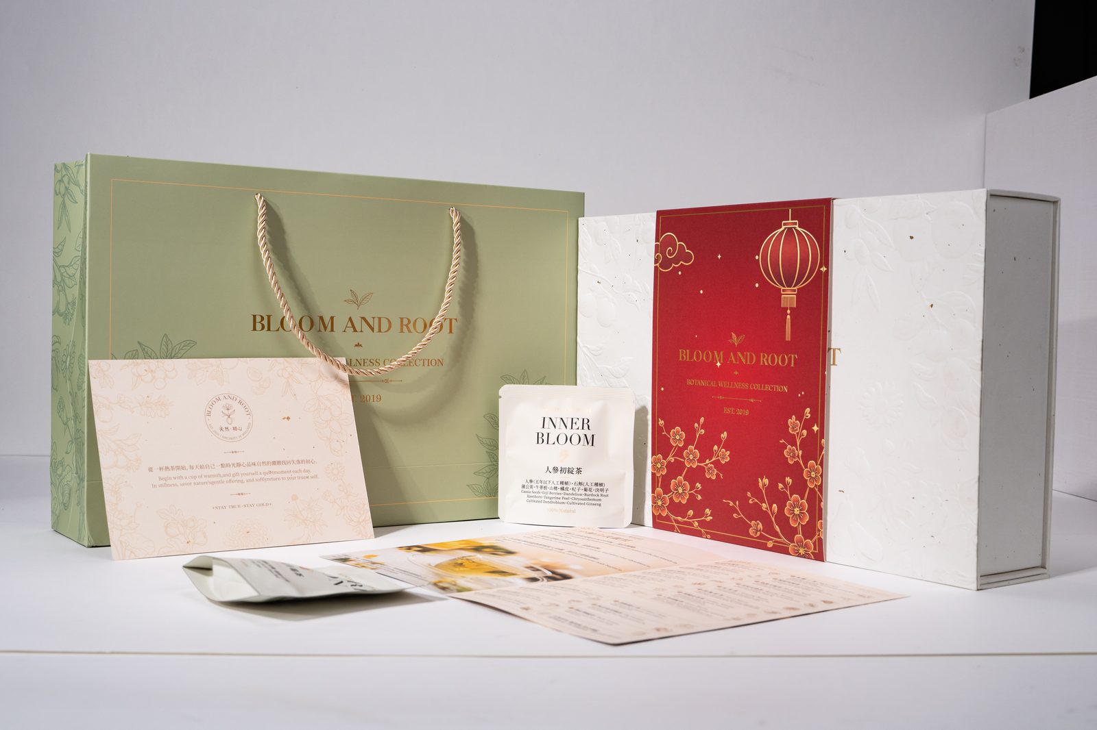 Bloom and Root gift collection with tea sachets, gift cards and carrier bag