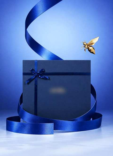 Enterprise holiday gifting program, custom navy gift box with branded figurine detail.