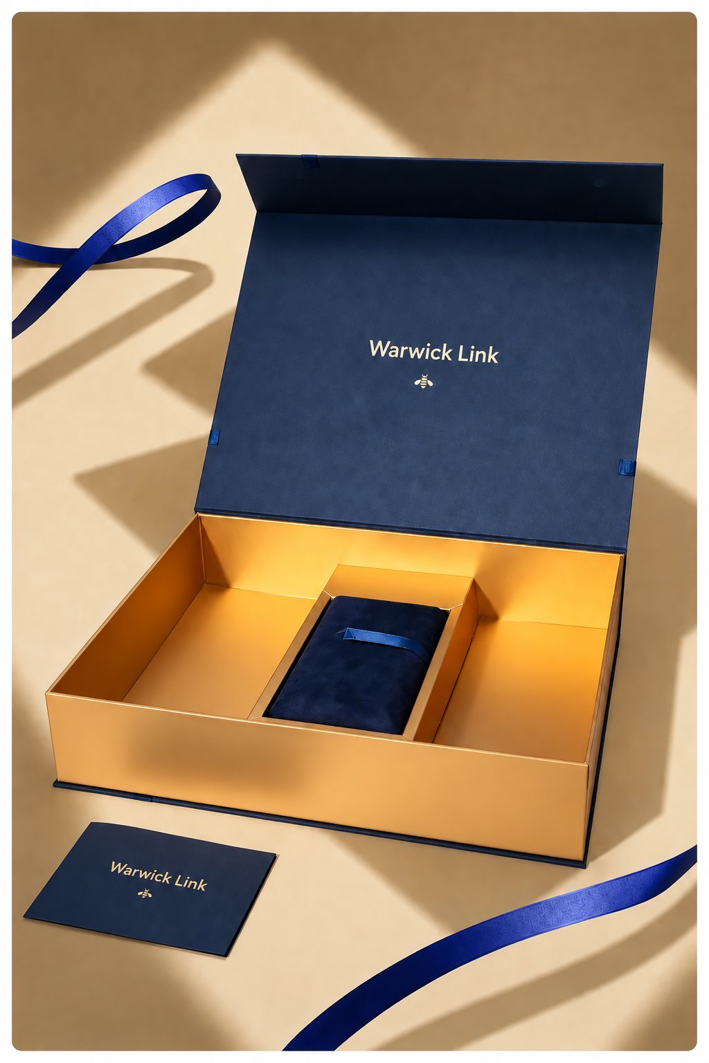 Opened gift box showing gold interior with navy velvet pouch and card