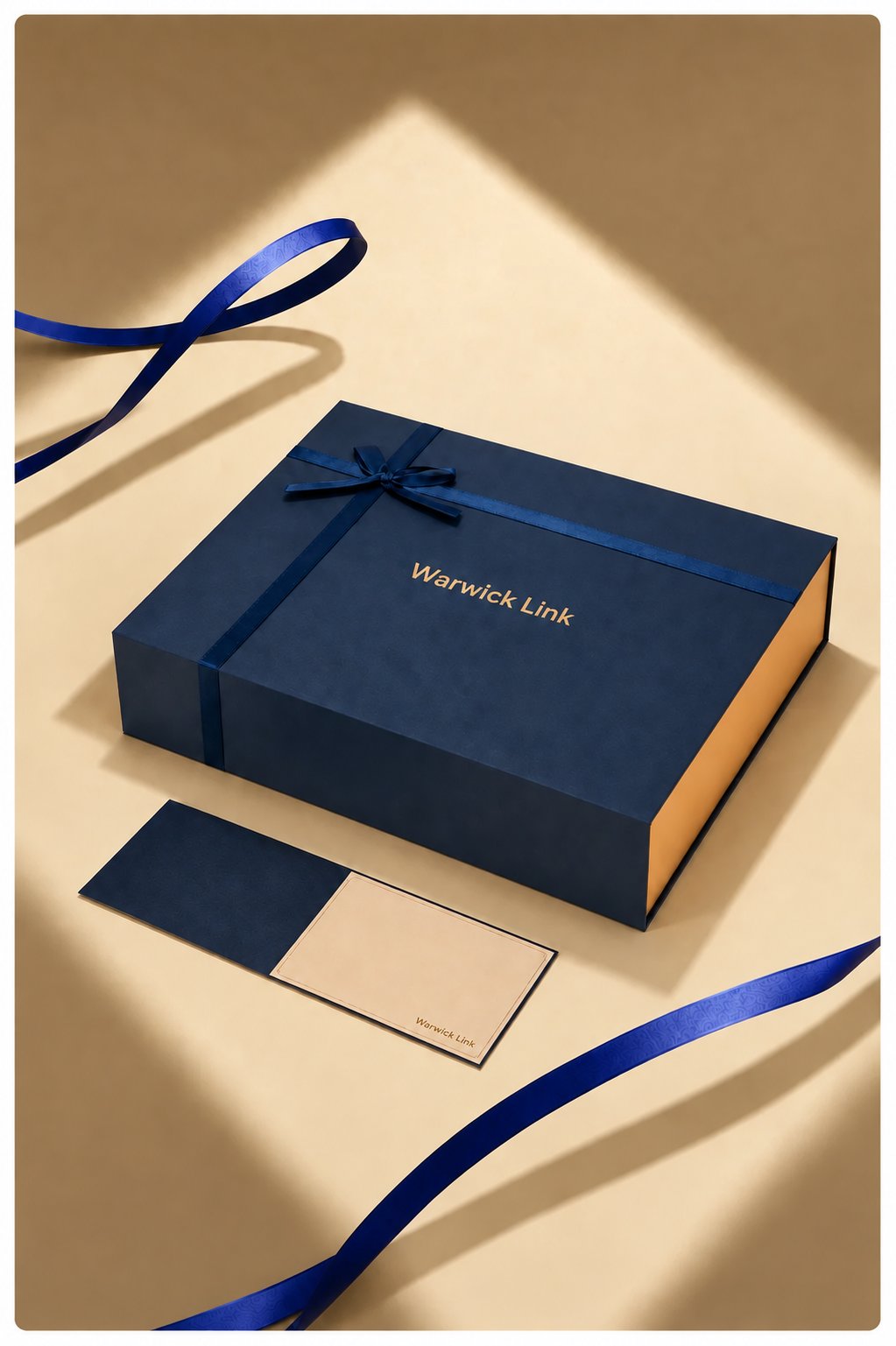 Closed navy gift box with blue ribbon and gold foil Warwick Link branding