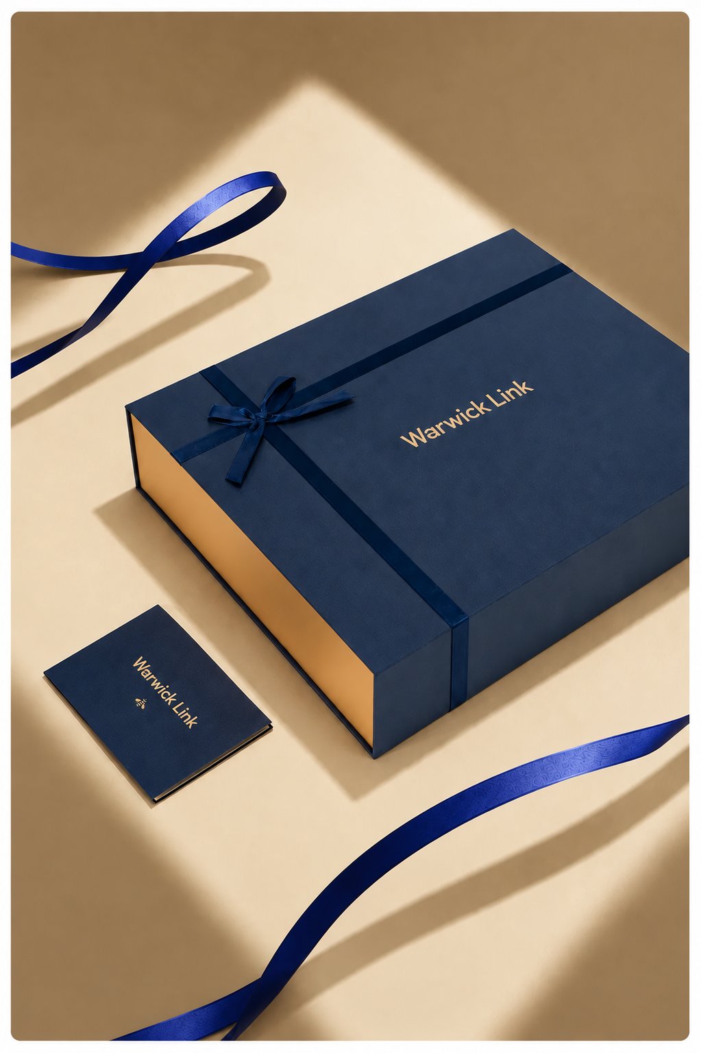 Gift box with a small branded card standing beside it